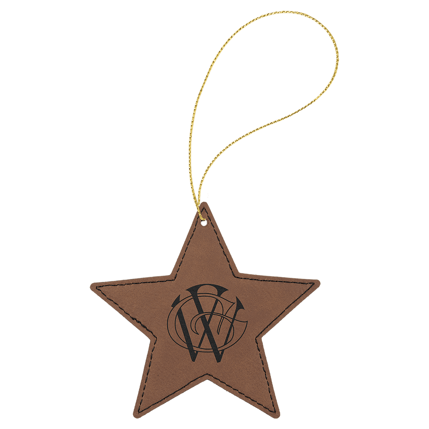 Dark Brown Engravable Leatherette Star Ornament with Gold String