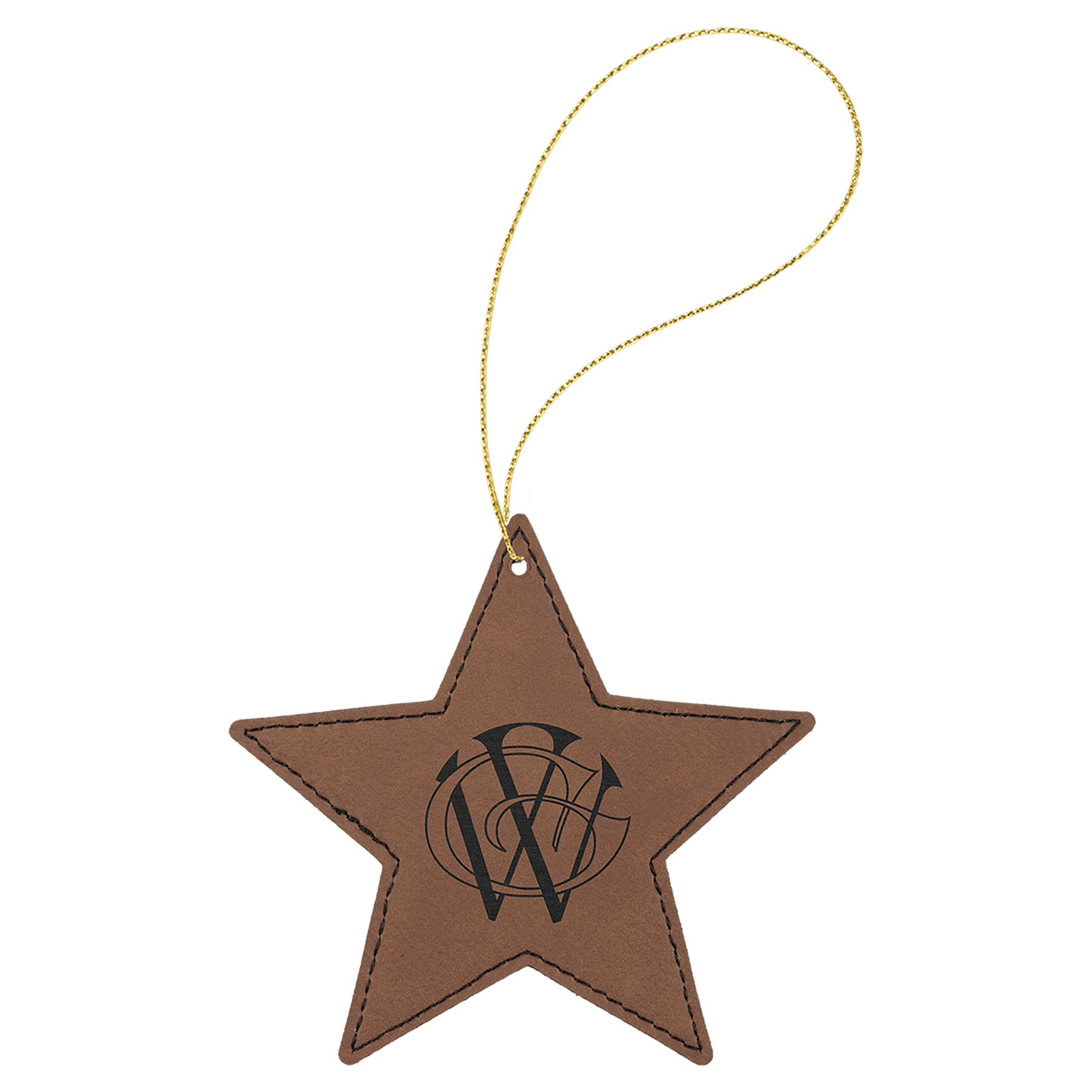 Dark Brown Engravable Leatherette Star Ornament with Gold String