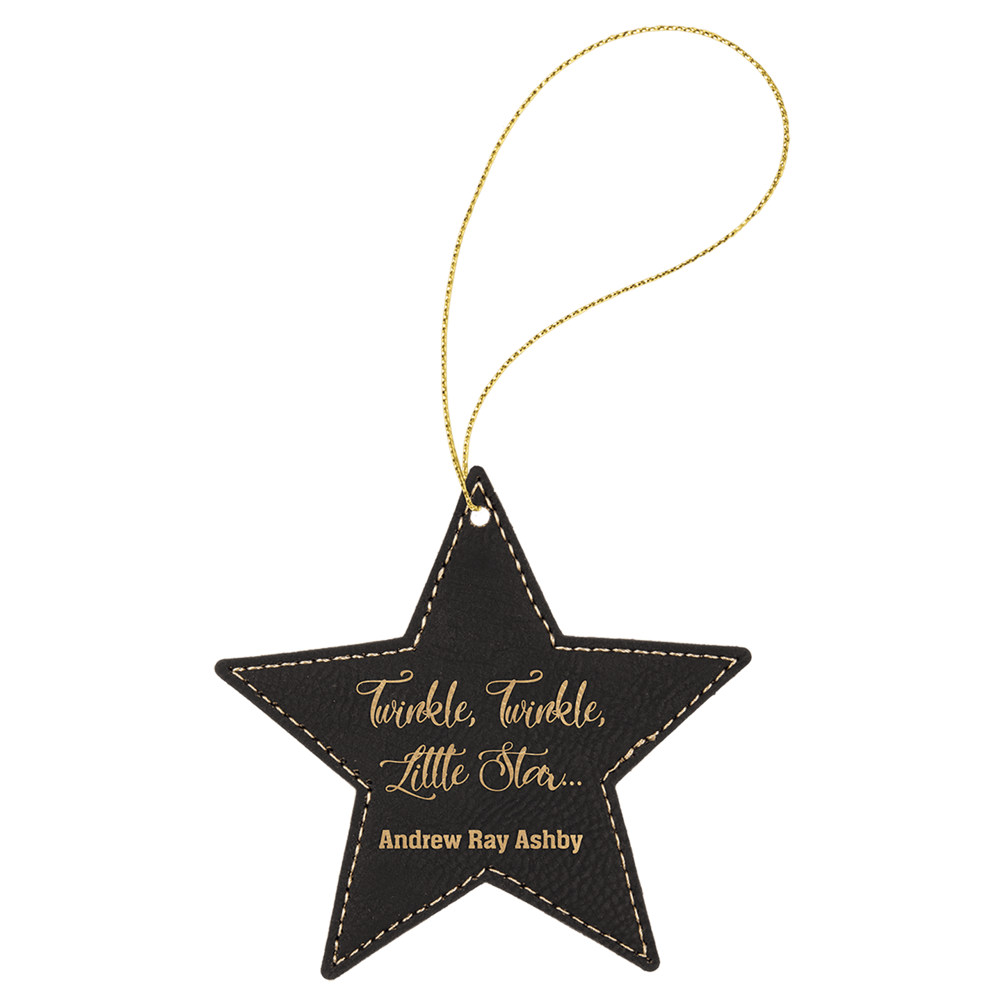 Black/Gold Engravable Leatherette Star Ornament with Gold String