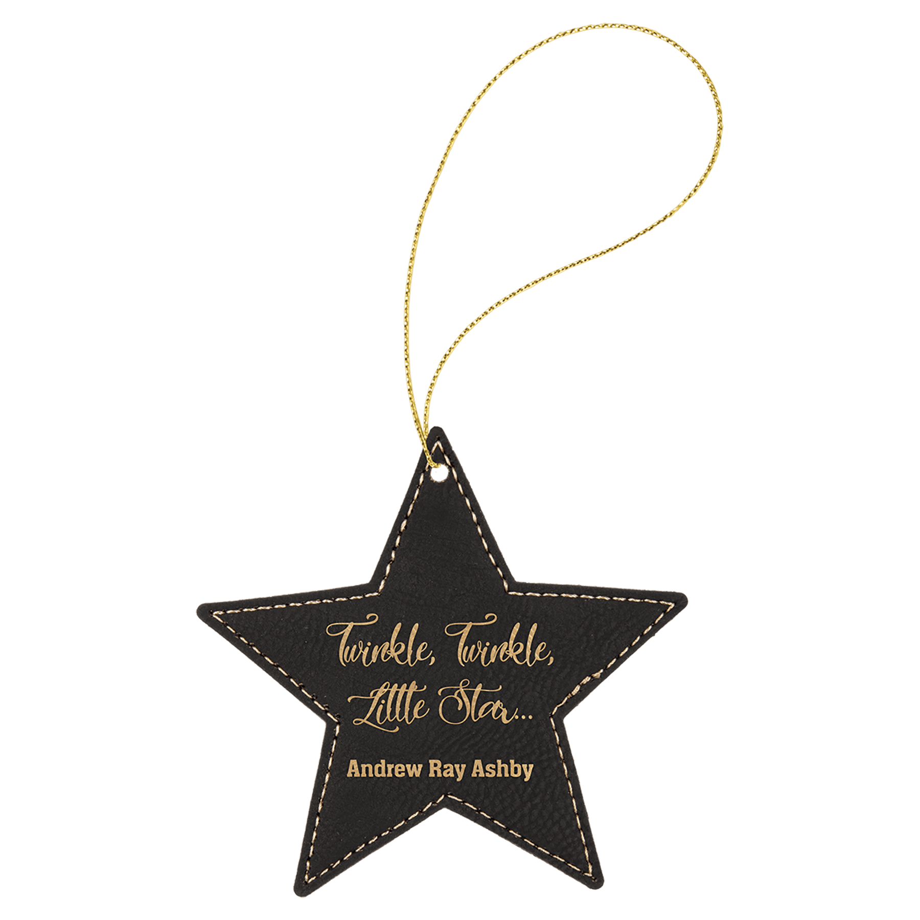 Black/Gold Engravable Leatherette Star Ornament with Gold String