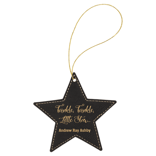 Black/Gold Engravable Leatherette Star Ornament with Gold String