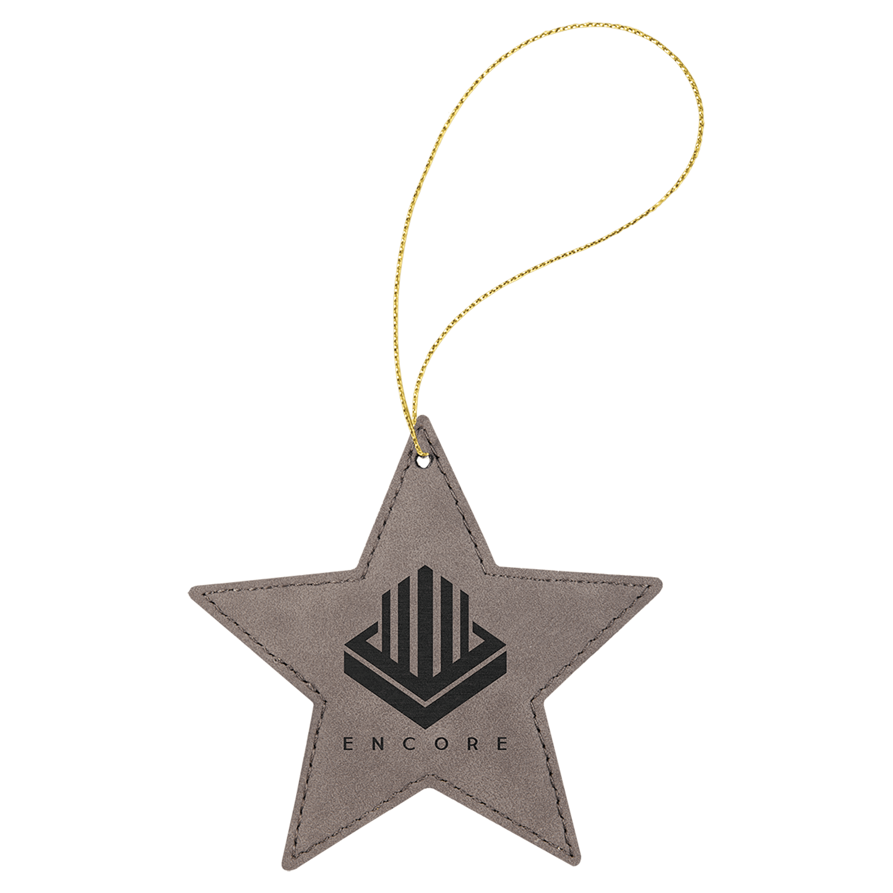 Gray Engravable Leatherette Star Ornament with Gold String