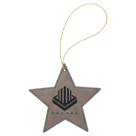Gray Engravable Leatherette Star Ornament with Gold String