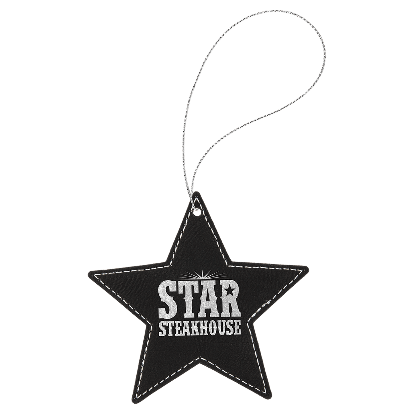 Black/Silver Engravable Leatherette Star Ornament with Silver String