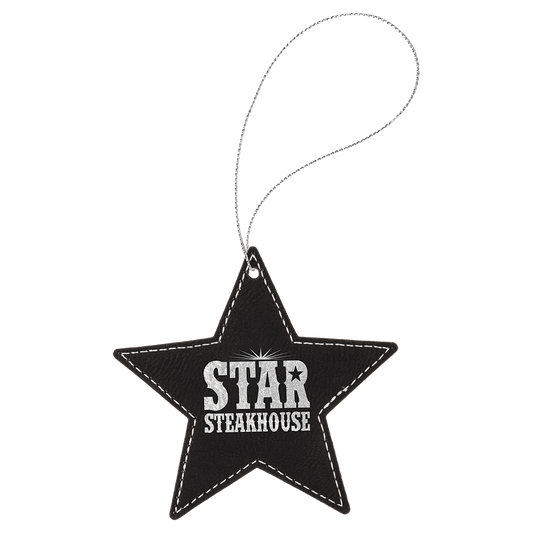 Black/Silver Engravable Leatherette Star Ornament with Silver String