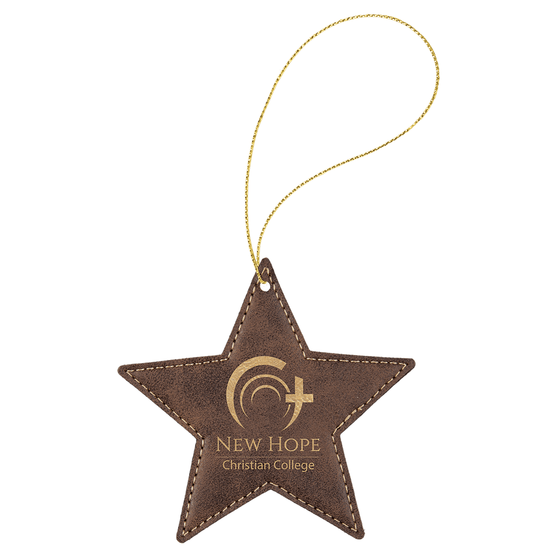Rustic/Gold Engravable Leatherette Star Ornament with Gold String