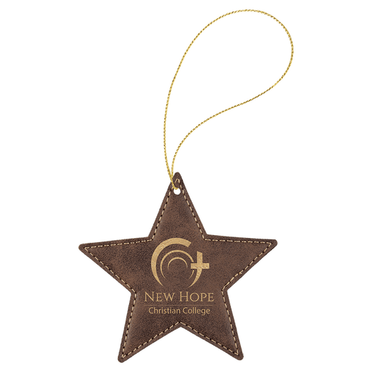 Rustic/Gold Engravable Leatherette Star Ornament with Gold String