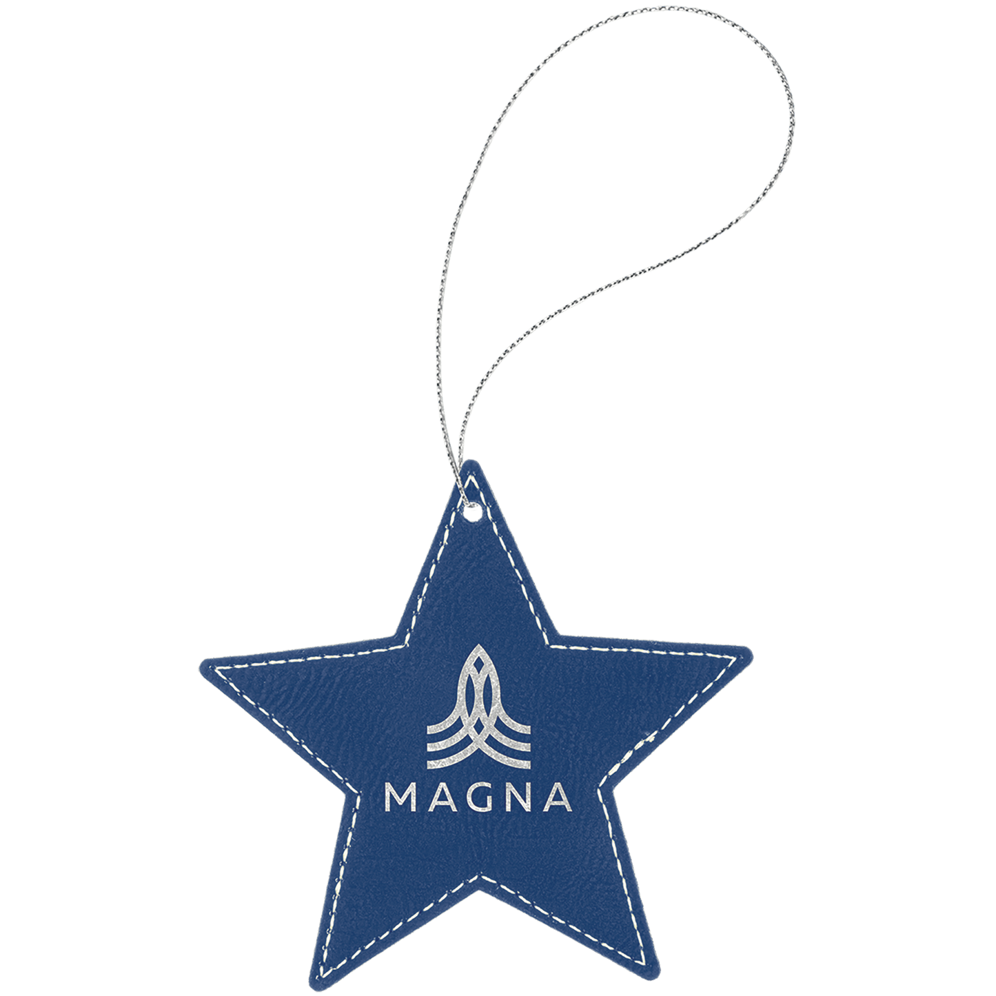 Blue/Silver Engravable Leatherette Star Ornament with Silver String