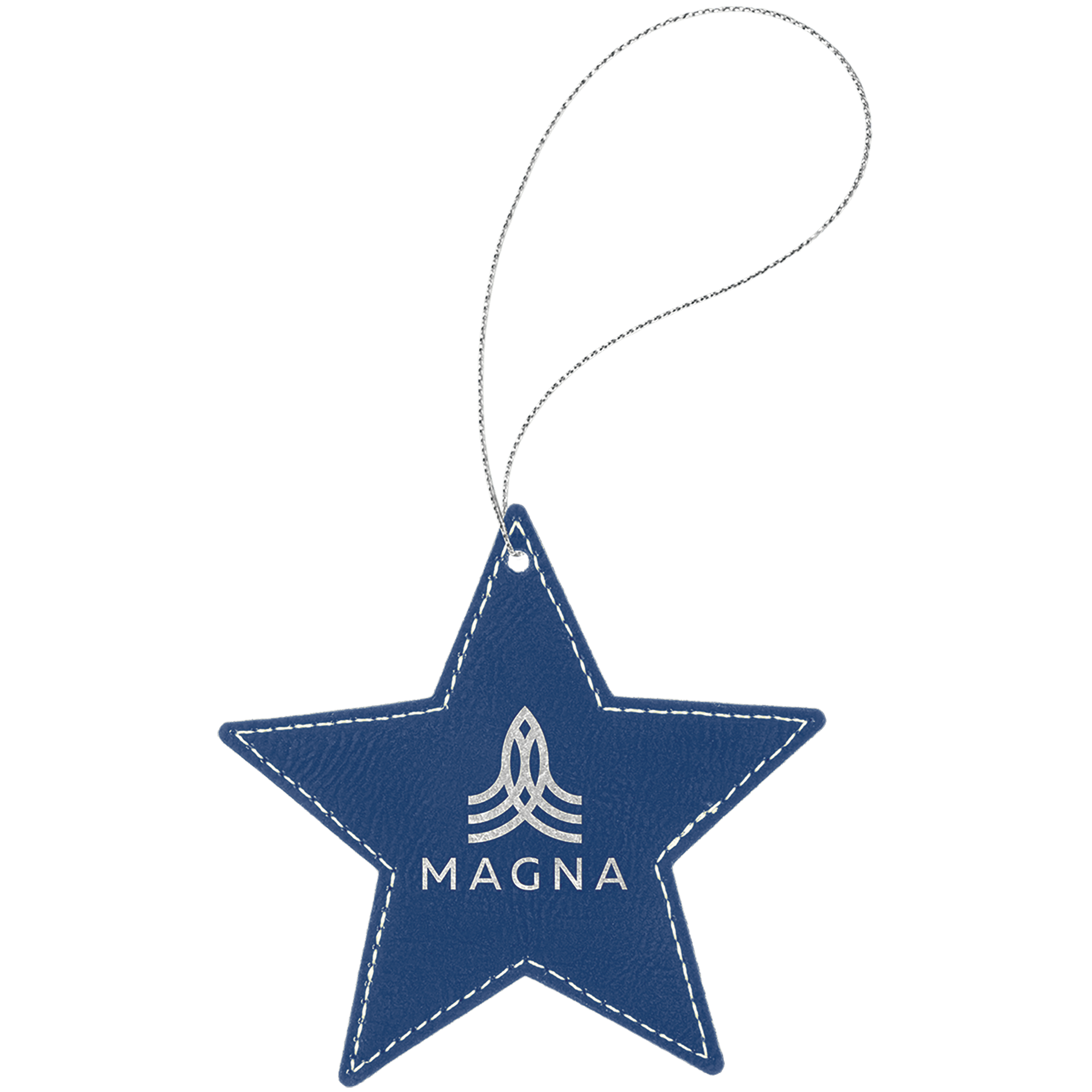 Blue/Silver Engravable Leatherette Star Ornament with Silver String