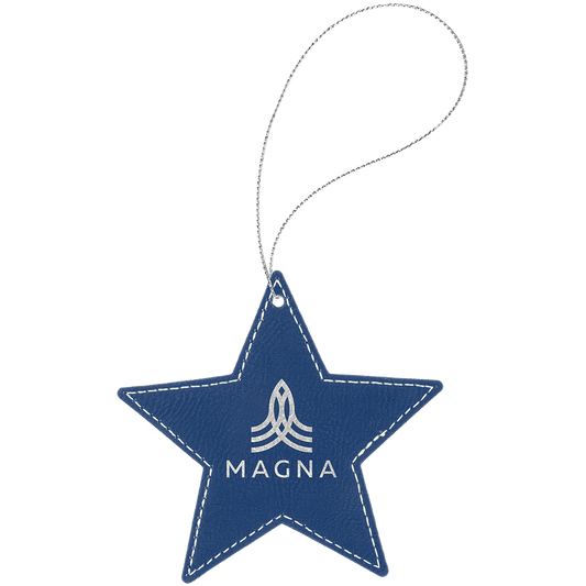 Blue/Silver Engravable Leatherette Star Ornament with Silver String