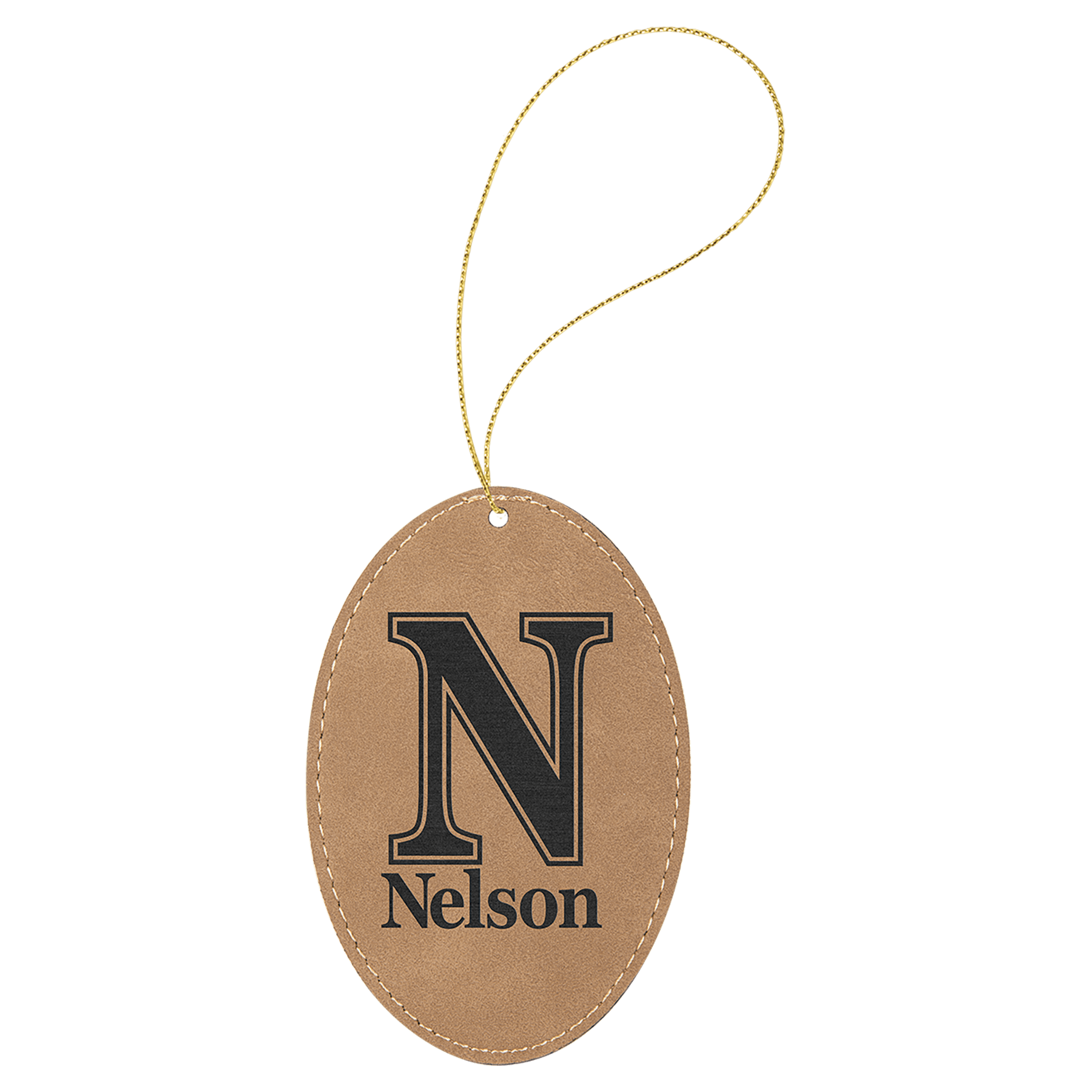 Light Brown Engravable Leatherette Oval Ornament with Gold String