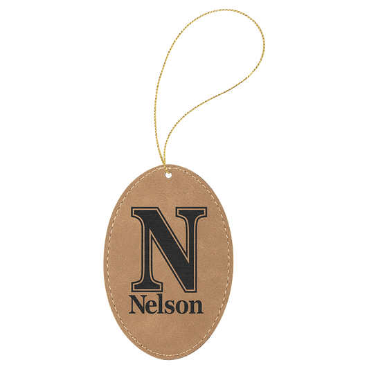 Light Brown Engravable Leatherette Oval Ornament with Gold String