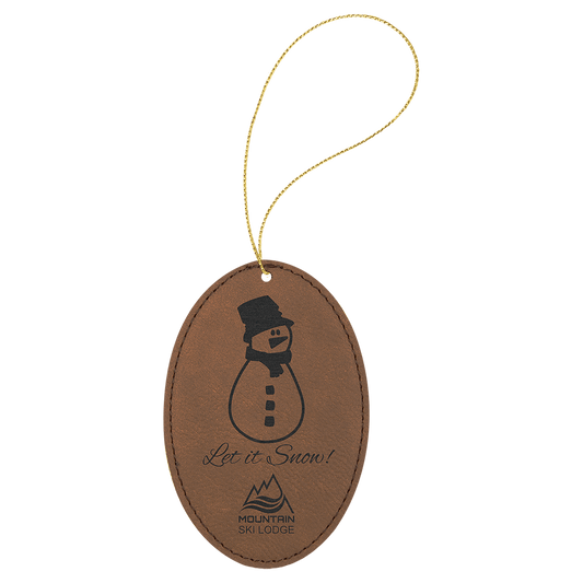 Dark Brown Engravable Leatherette Oval Ornament with Gold String