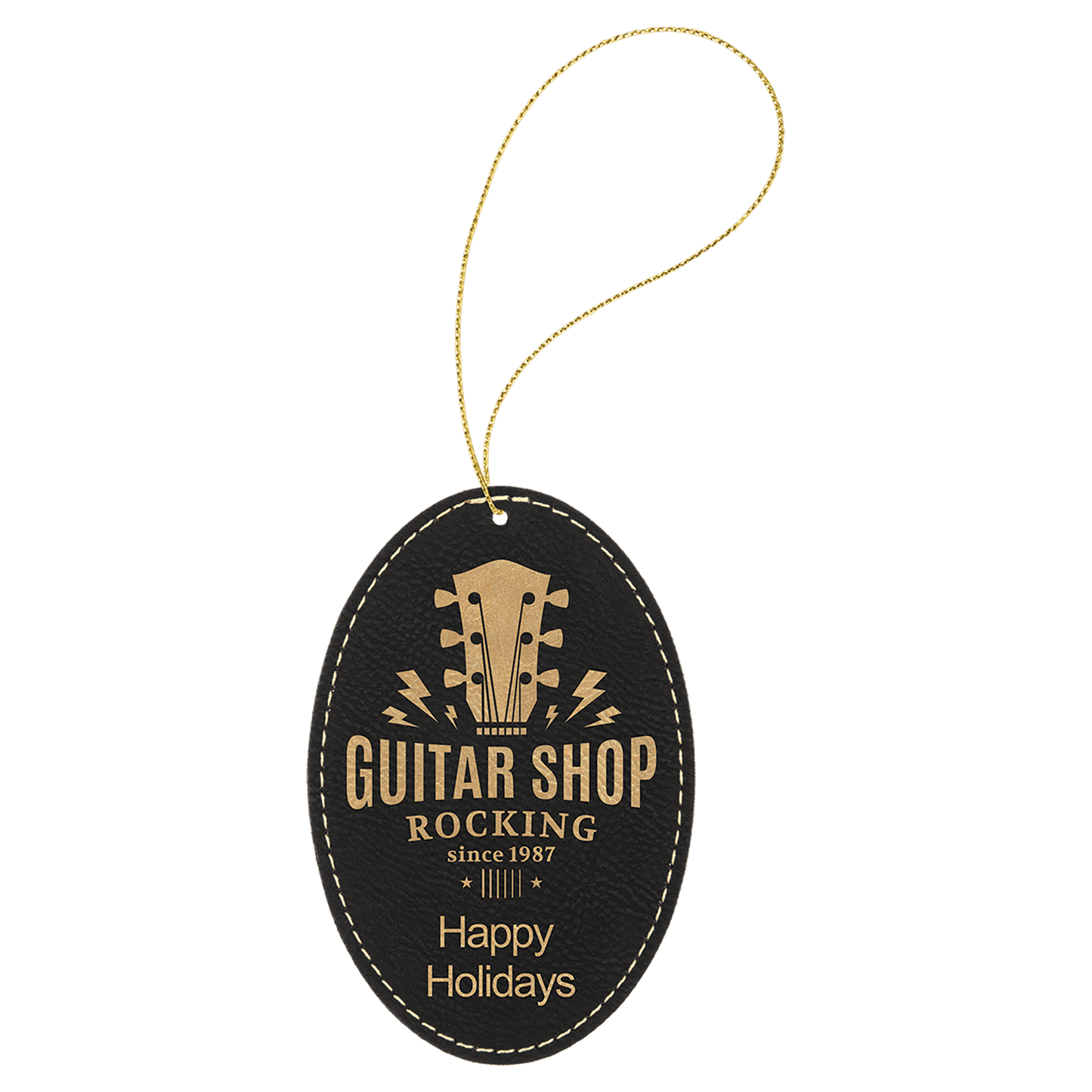 Black/Gold Engravable Leatherette Oval Ornament with Gold String
