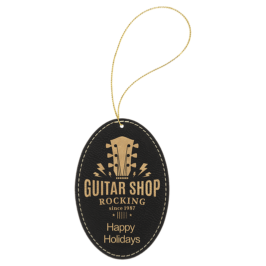 Black/Gold Engravable Leatherette Oval Ornament with Gold String