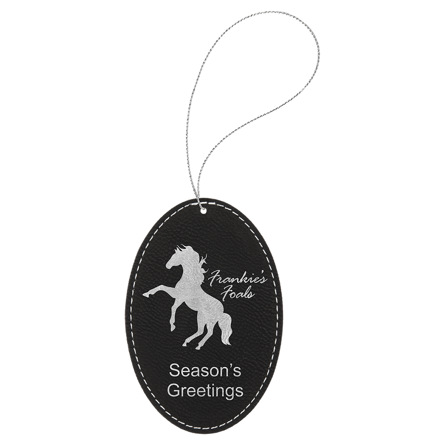 Black/Silver Engravable Leatherette Oval Ornament with Silver String