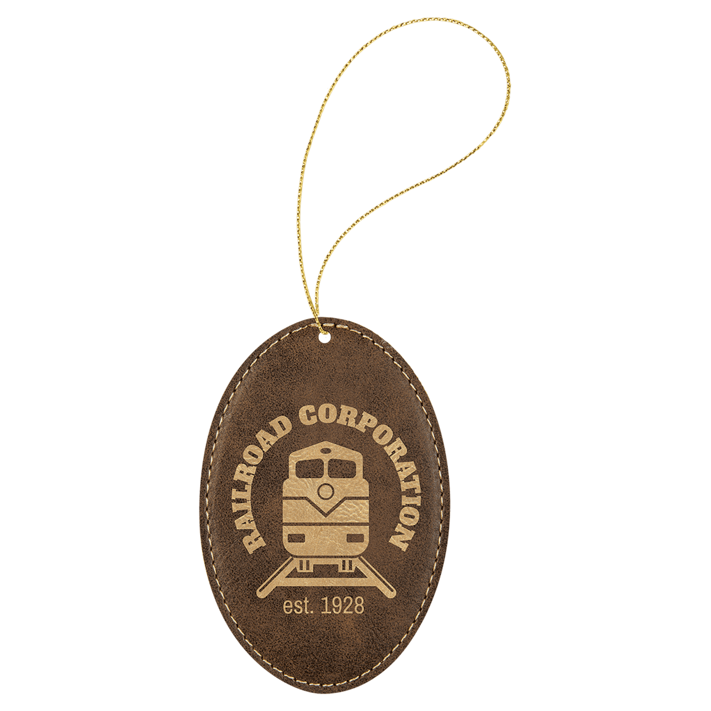 Rustic/Gold Engravable Leatherette Oval Ornament with Gold String