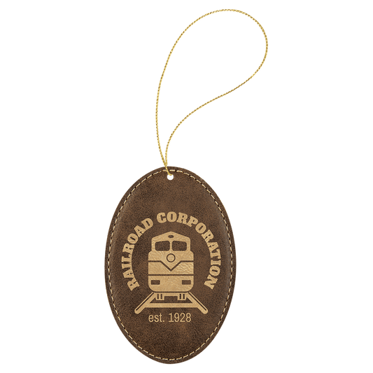 Rustic/Gold Engravable Leatherette Oval Ornament with Gold String