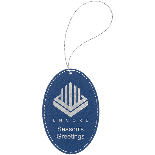 Blue/Silver Engravable Leatherette Oval Ornament with Silver String