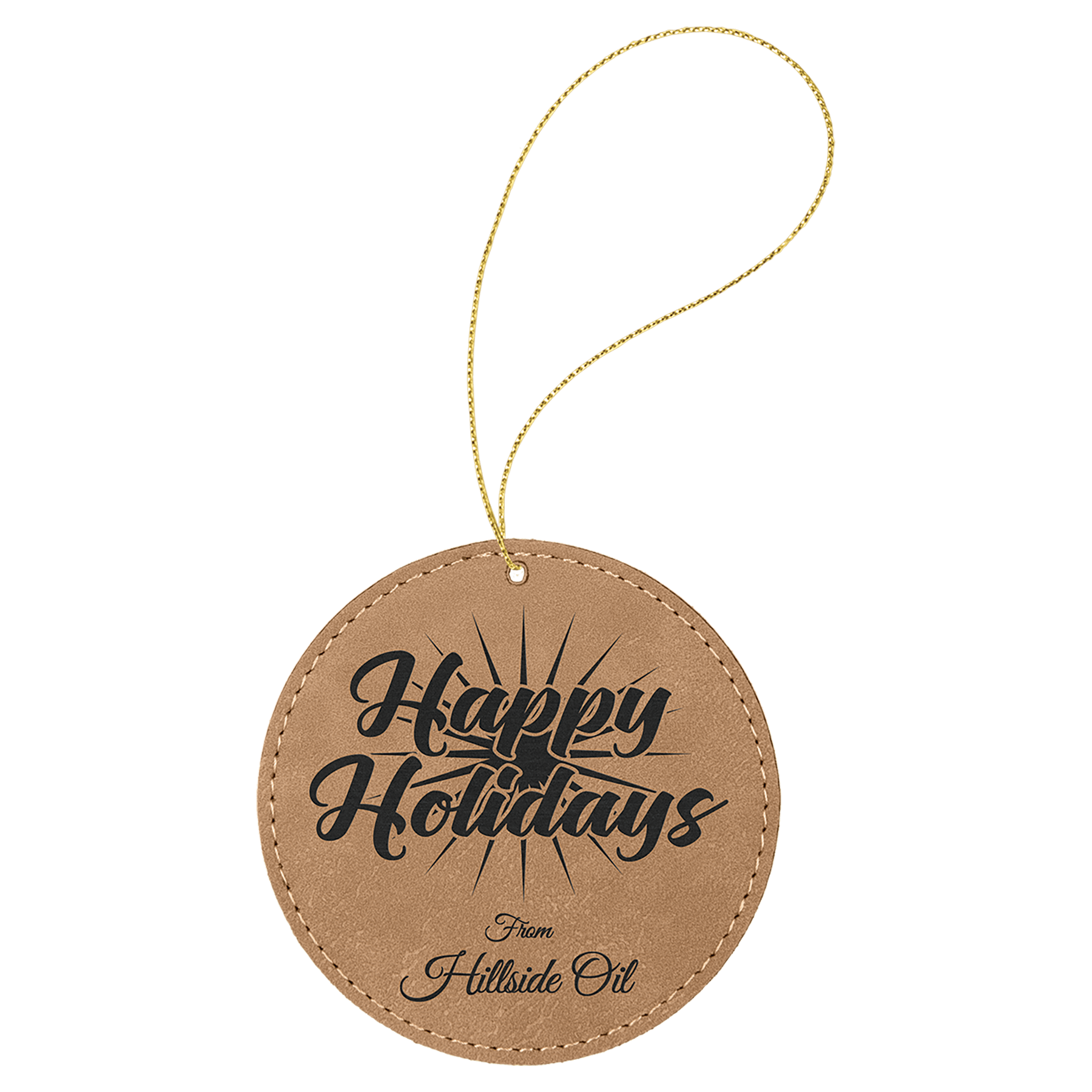 Light Brown Engravable Leatherette Round Ornament with Gold String