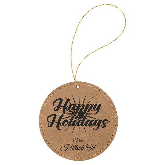 Light Brown Engravable Leatherette Round Ornament with Gold String
