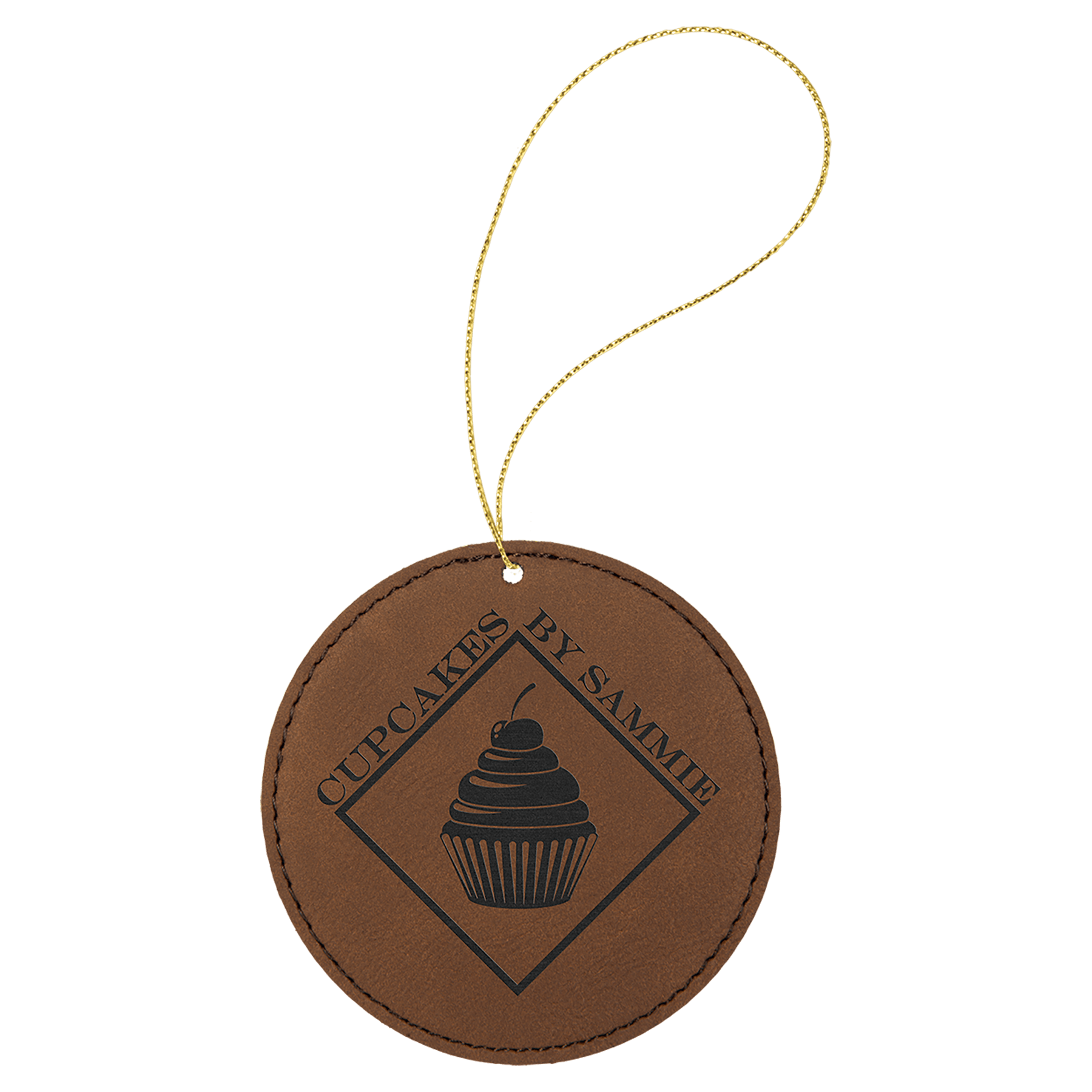 Dark Brown Engravable Leatherette Round Ornament with Gold String
