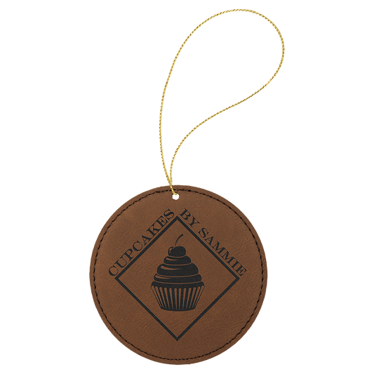 Dark Brown Laserable Leatherette Round Ornament with Gold String