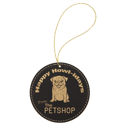 Black/Gold Engravable Leatherette Round Ornament with Gold String