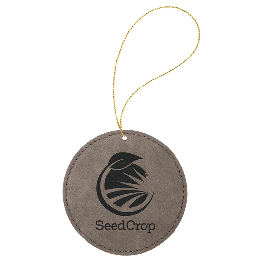 Gray Engravable Leatherette Round Ornament with Gold String