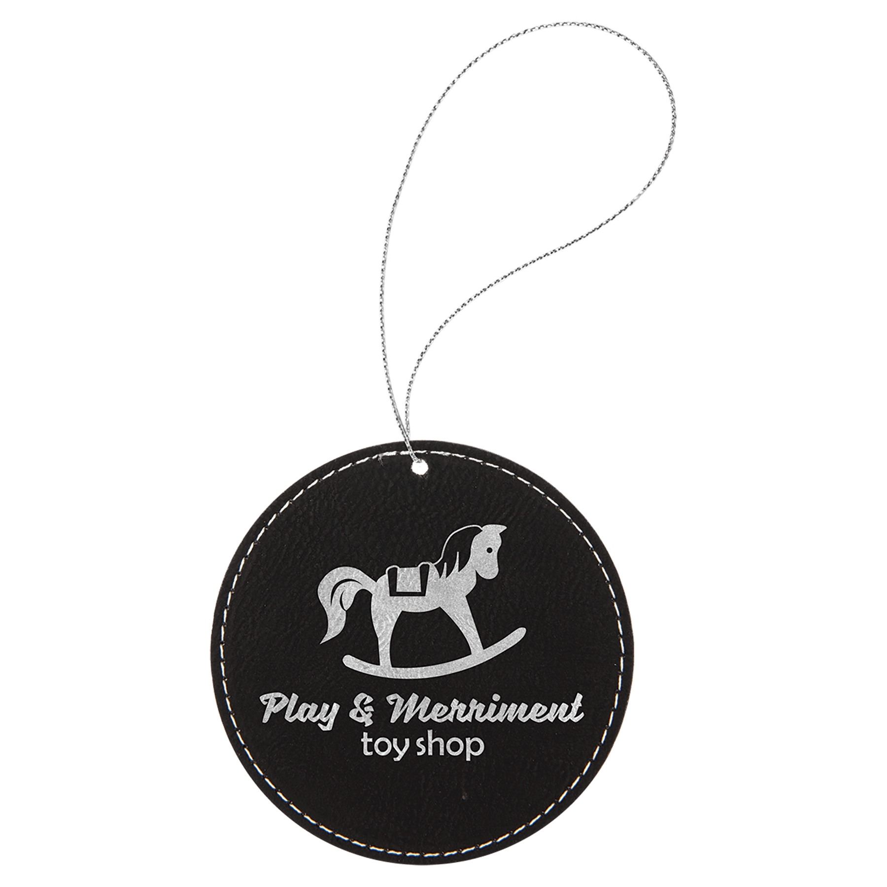 Black/Silver Engravable Leatherette Round Ornament with Silver String