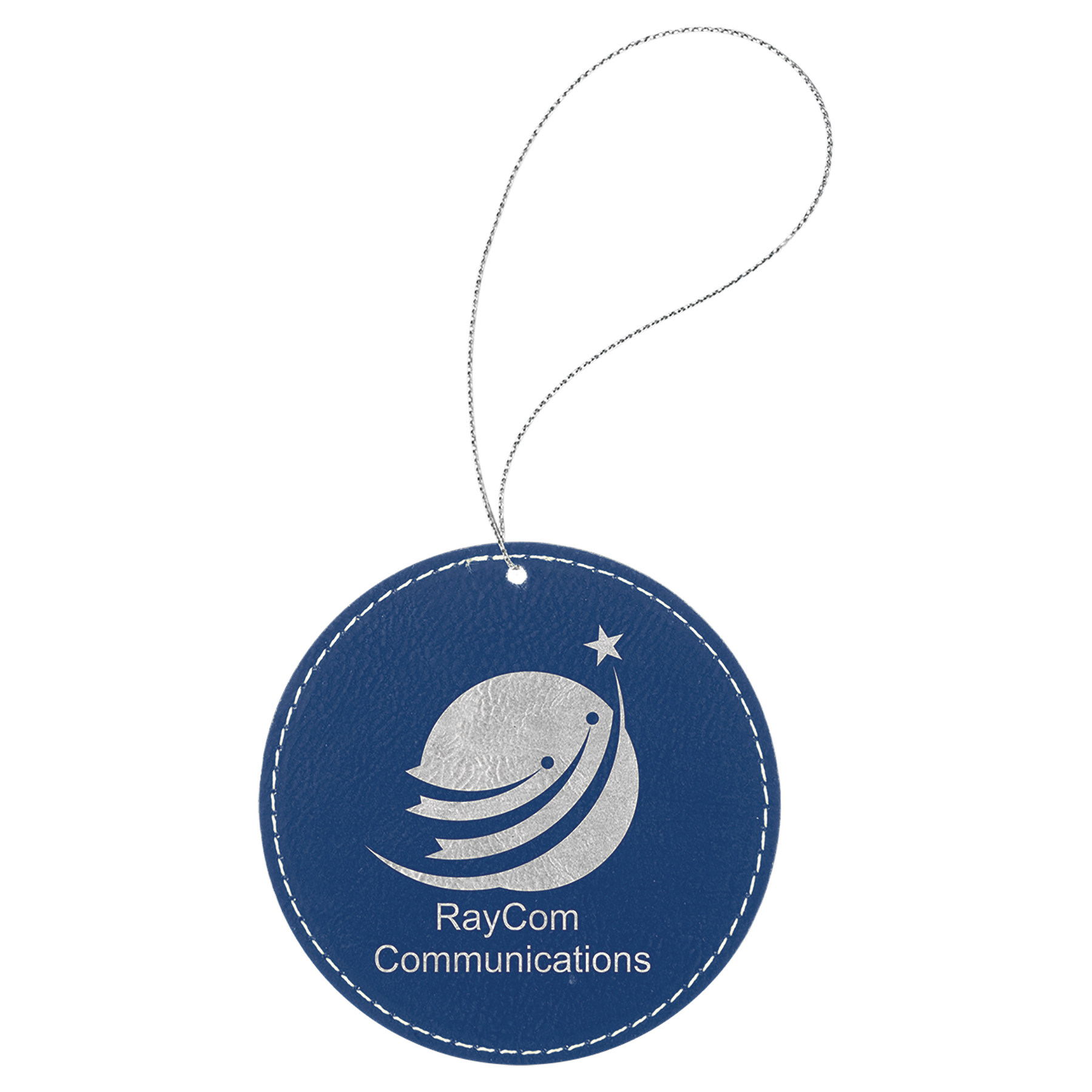 Blue/Silver Engravable Leatherette Round Ornament with Silver String