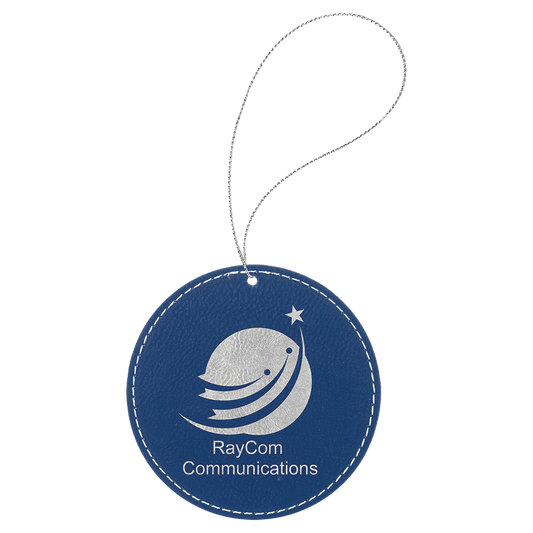 Blue/Silver Engravable Leatherette Round Ornament with Silver String