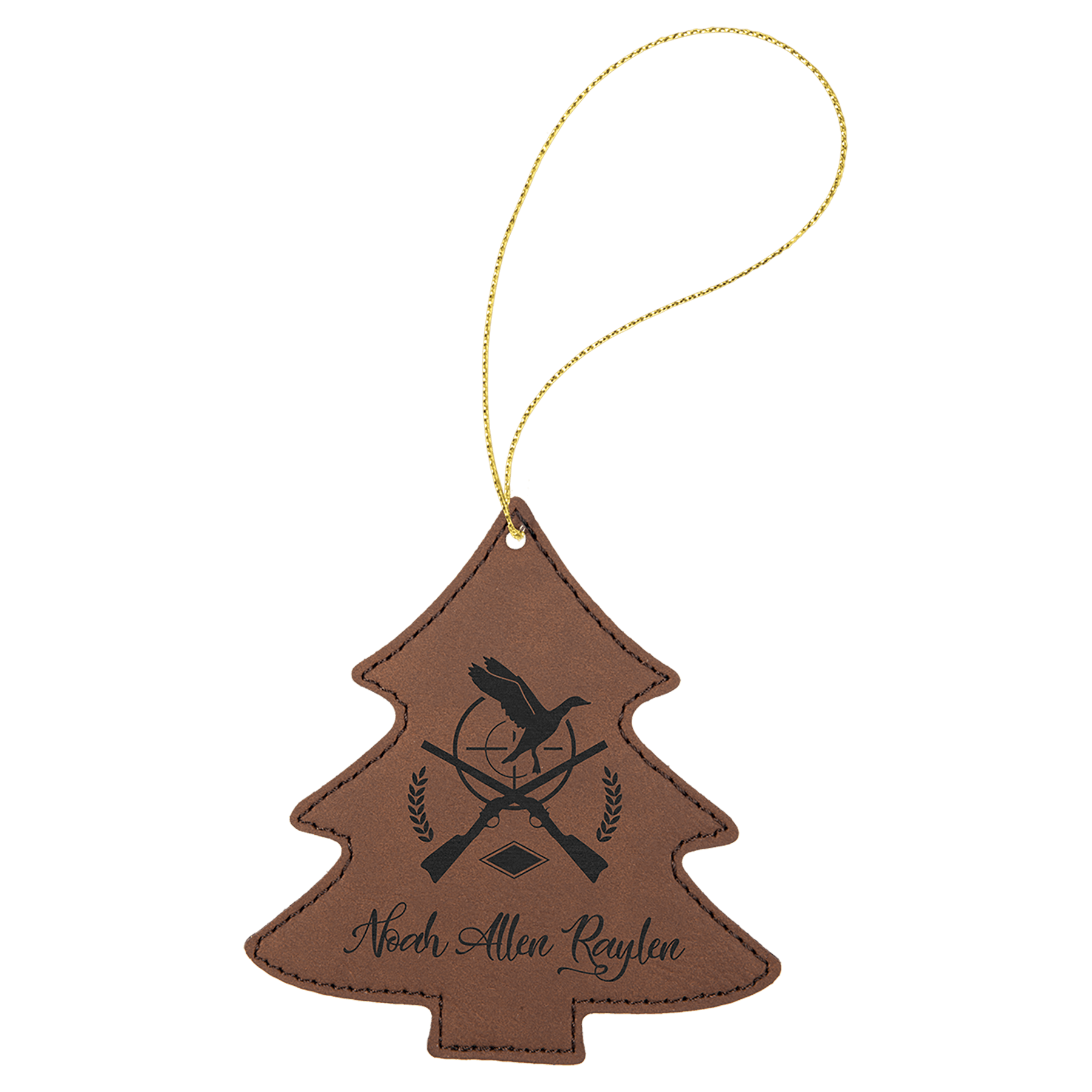 Dark Brown Engravable Leatherette Tree Ornament with Gold String
