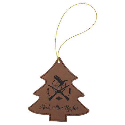 Dark Brown Engravable Leatherette Tree Ornament with Gold String