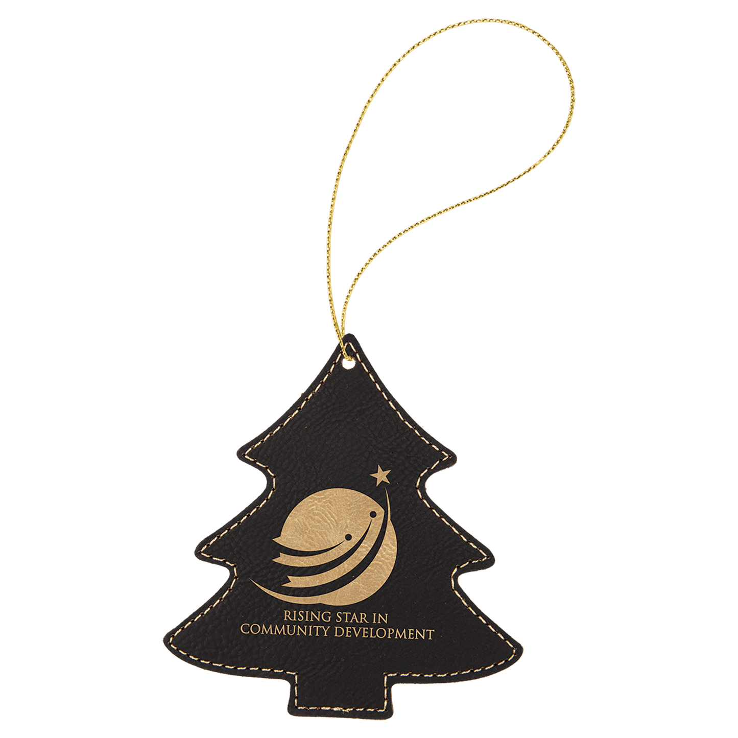 Black/Gold Engravable Leatherette Tree Ornament with Gold String