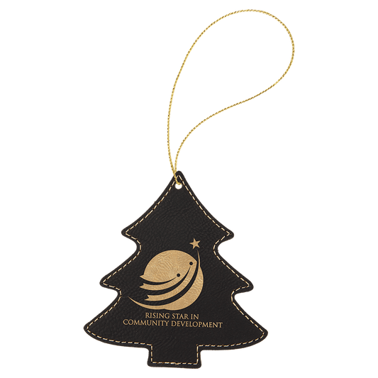 Black/Gold Engravable Leatherette Tree Ornament with Gold String