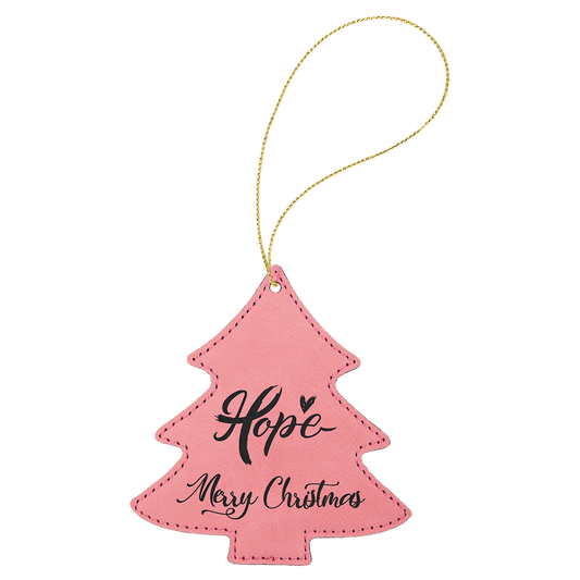 Pink Engravable Leatherette Tree Ornament with Gold String