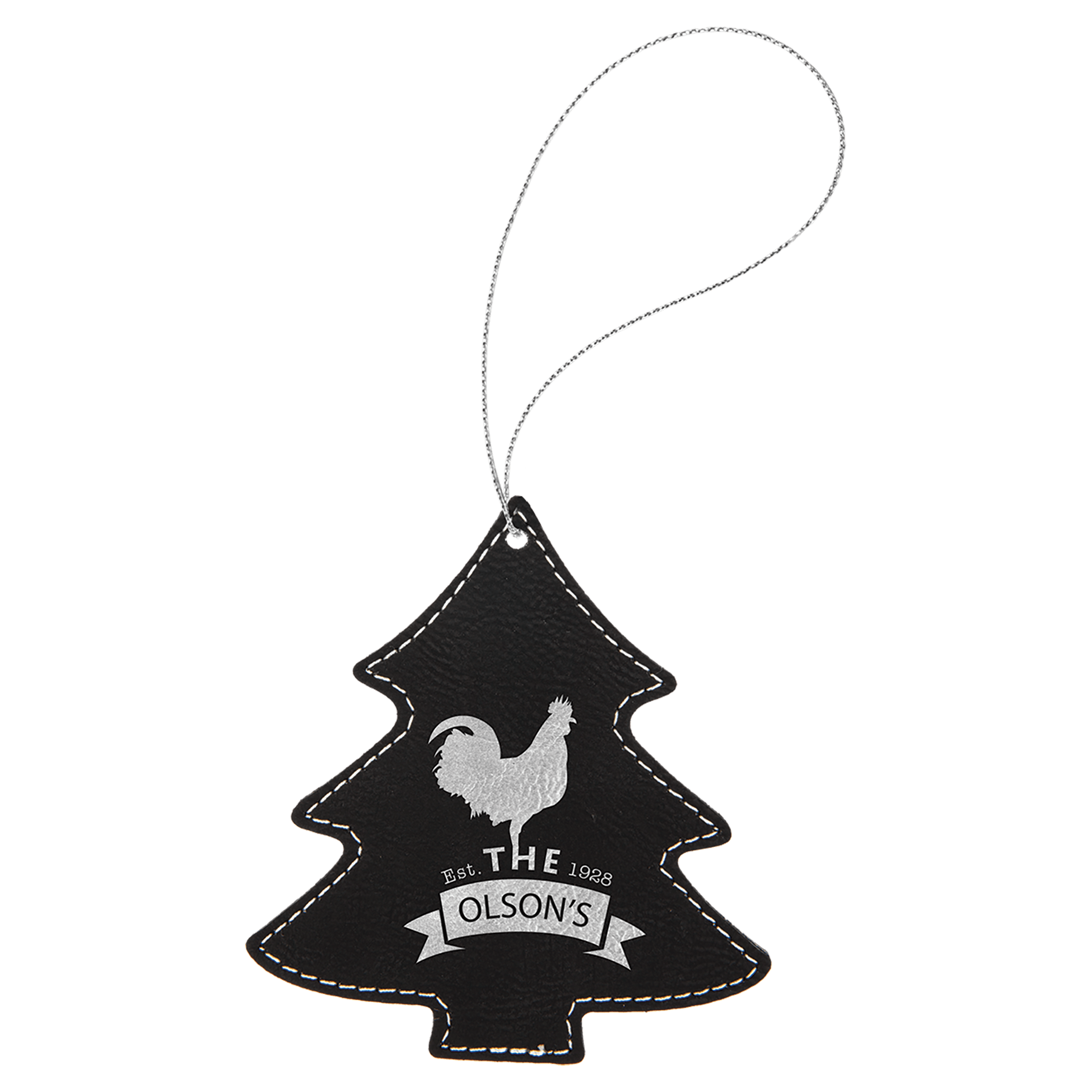 Black/Silver Engravable Leatherette Tree Ornament with Silver String