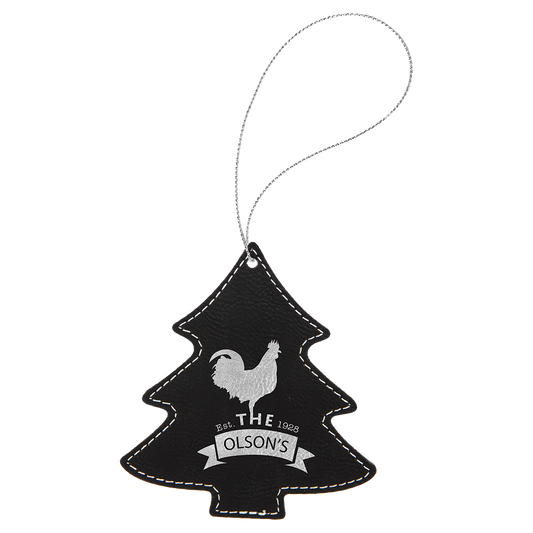 Black/Silver Engravable Leatherette Tree Ornament with Silver String