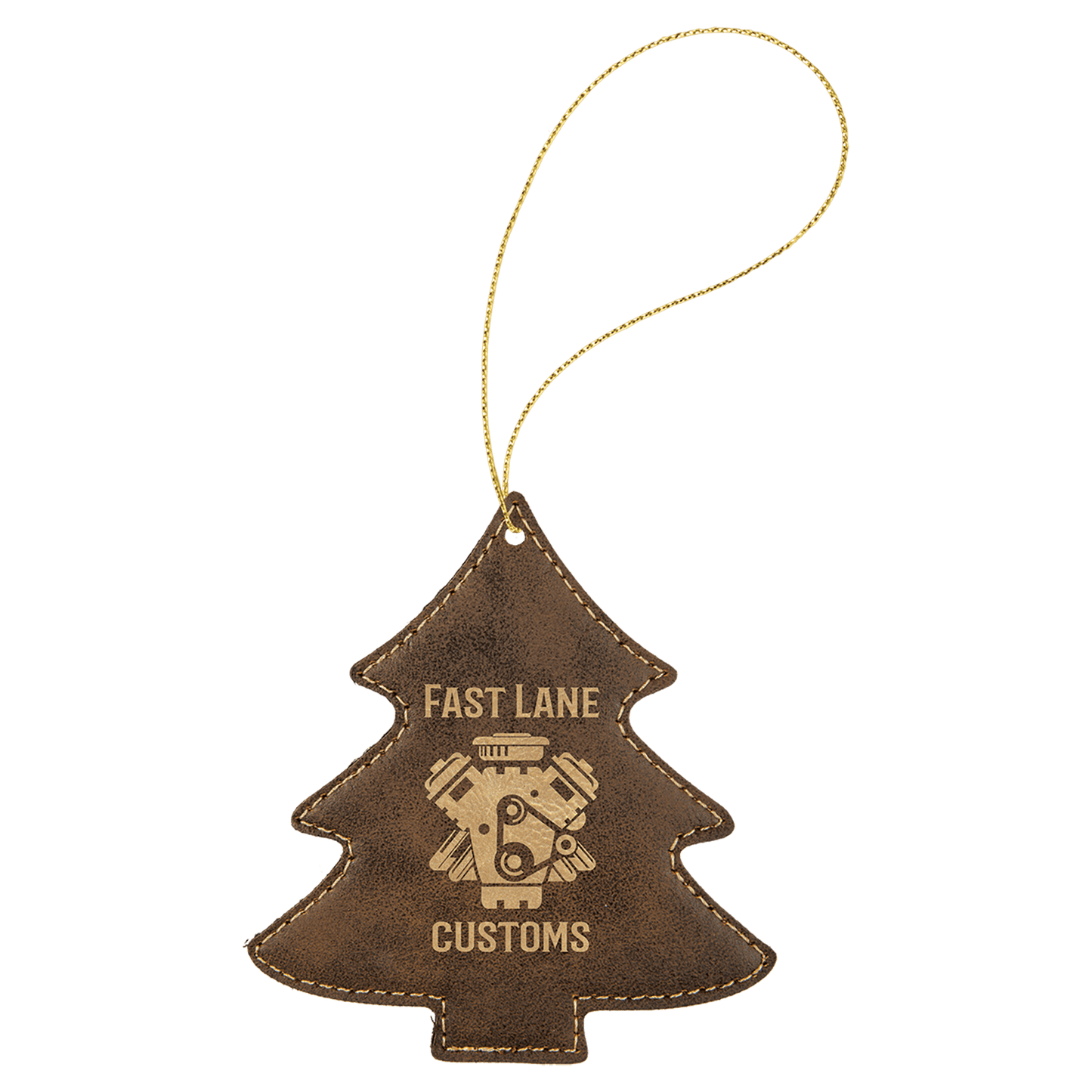 Rustic/Gold Engravable Leatherette Tree Ornament with Gold String