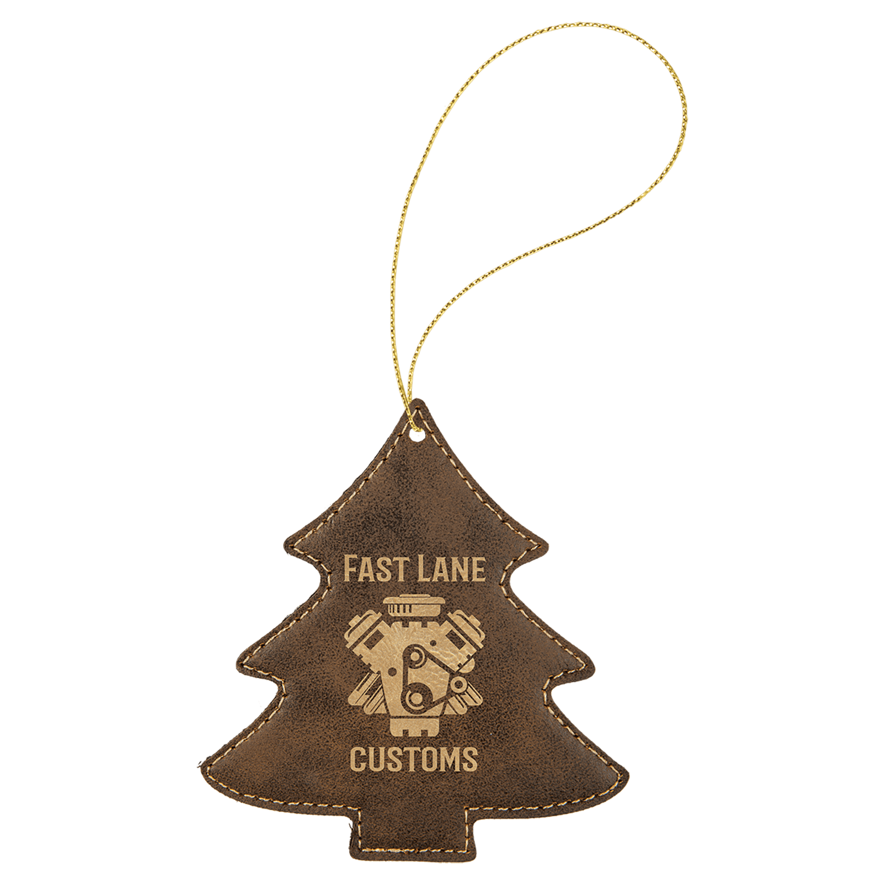 Rustic/Gold Engravable Leatherette Tree Ornament with Gold String