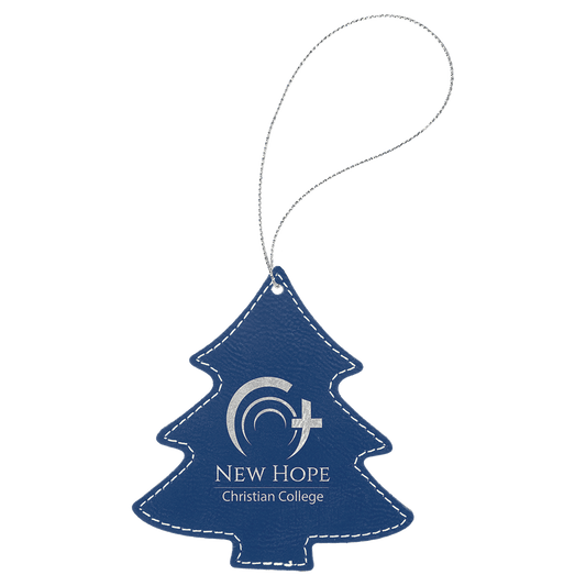 Blue/Silver Engravable Leatherette Tree Ornament with Silver String