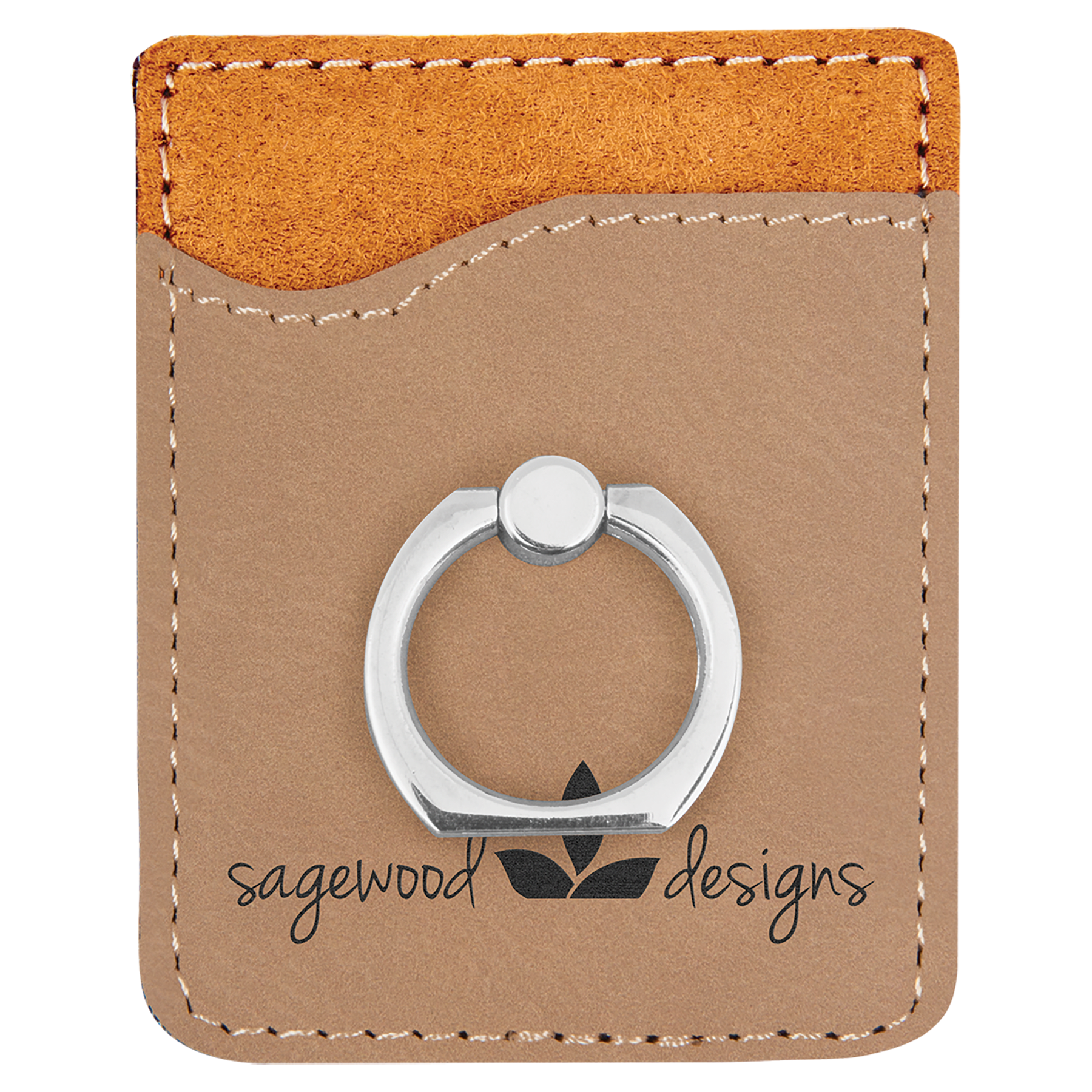 Light Brown Engravable Leatherette Phone Wallet with Silver Ring
