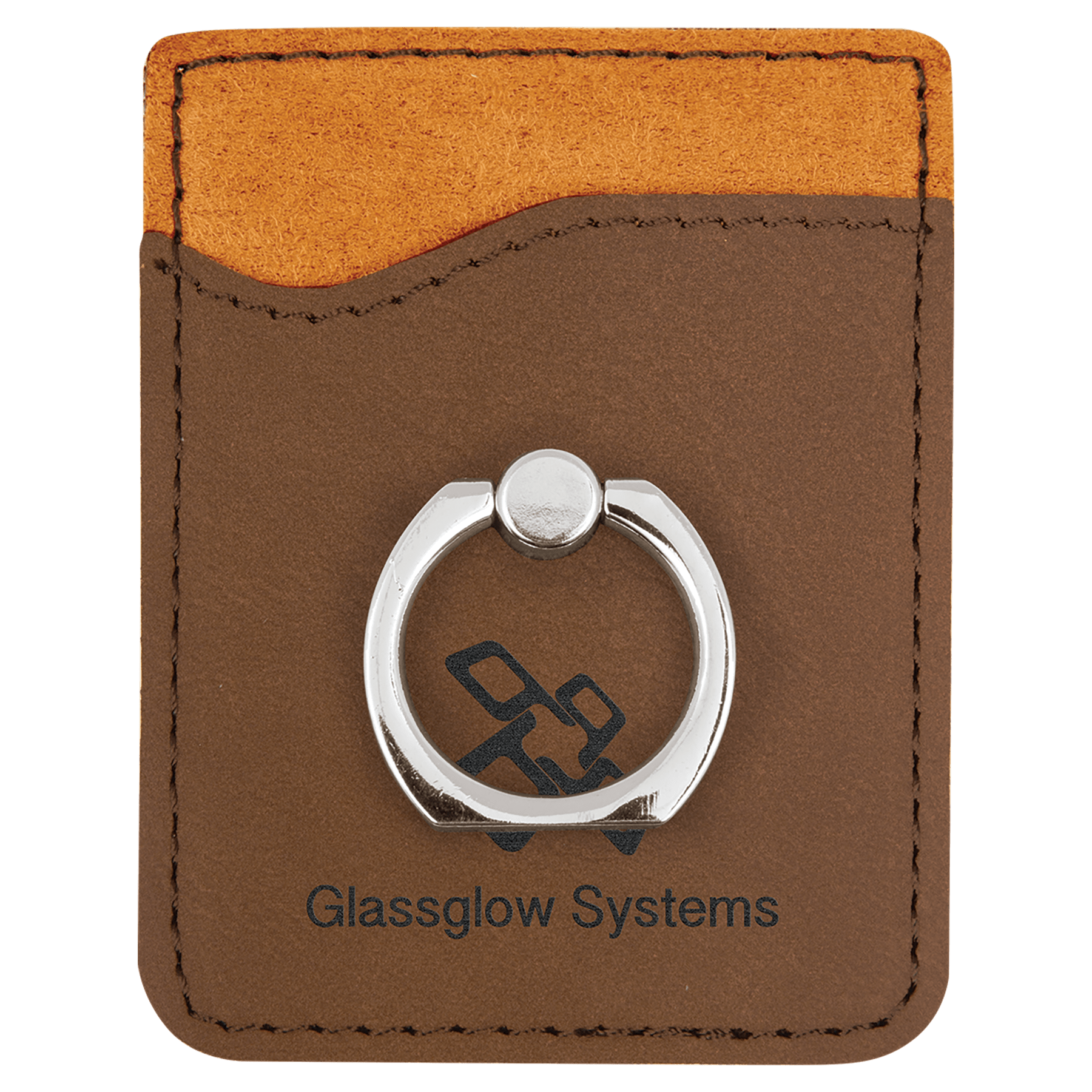 Dark Brown Engravable Leatherette Phone Wallet with Silver Ring