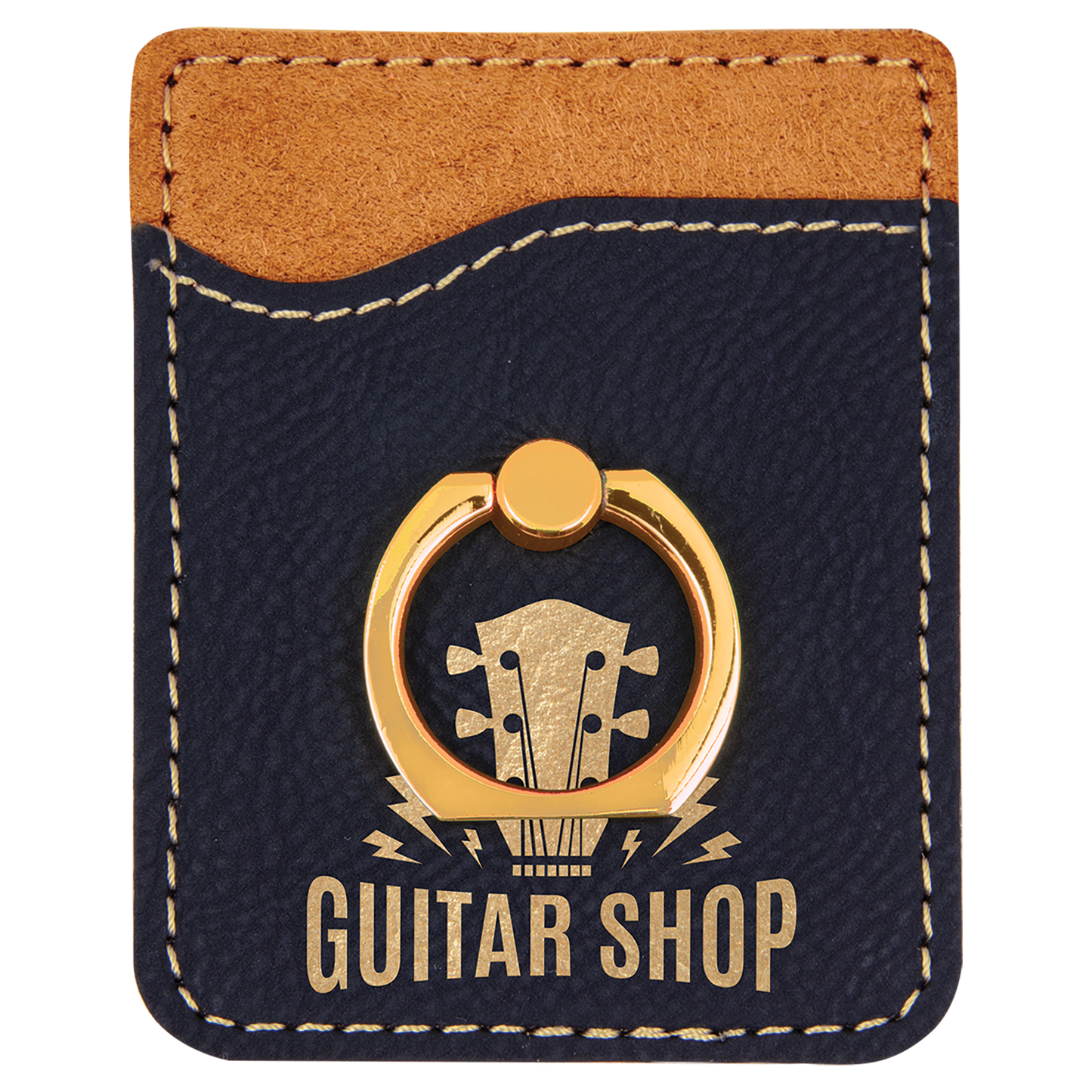 Black/Gold Engravable Leatherette Phone Wallet with Gold Ring