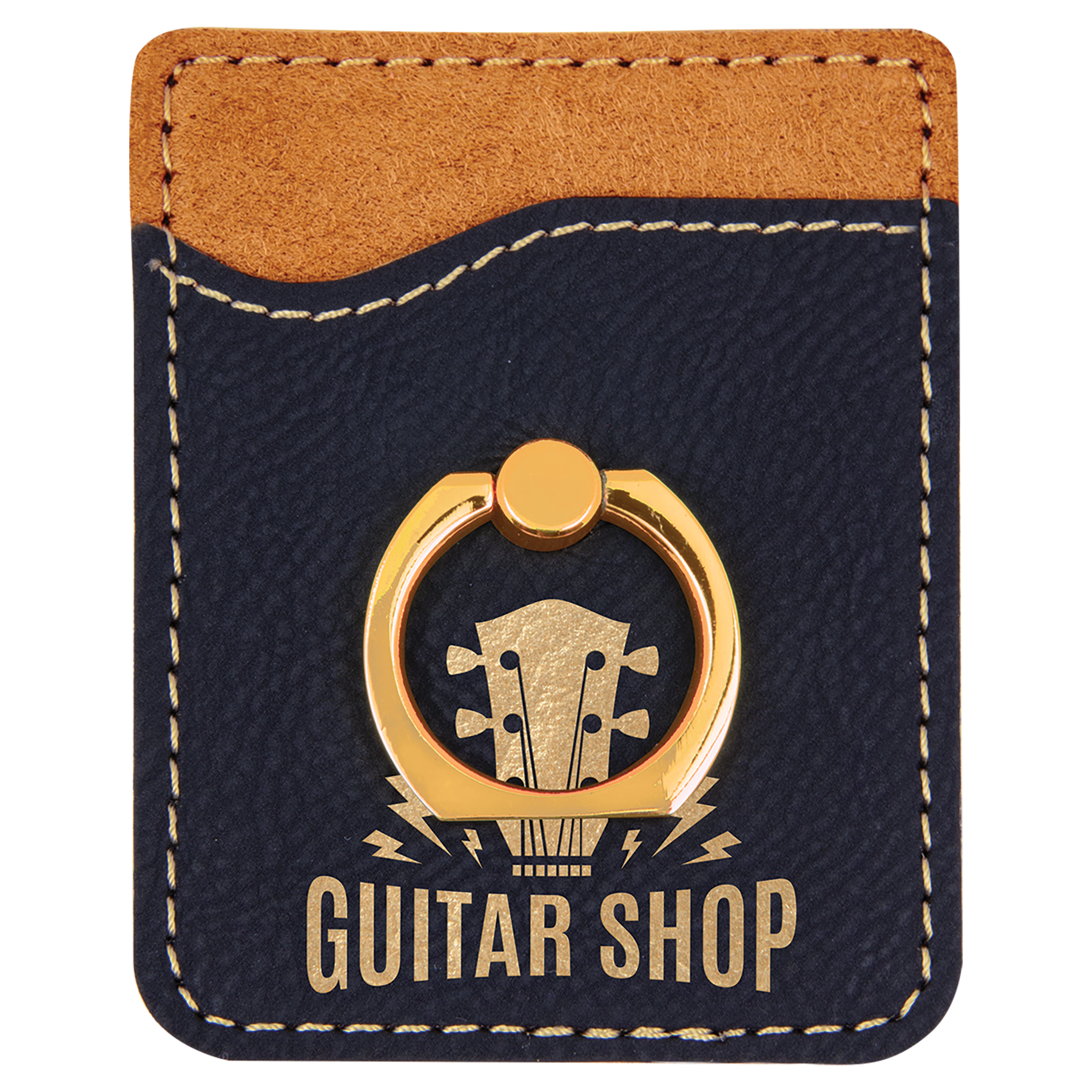 Black/Gold Engravable Leatherette Phone Wallet with Gold Ring