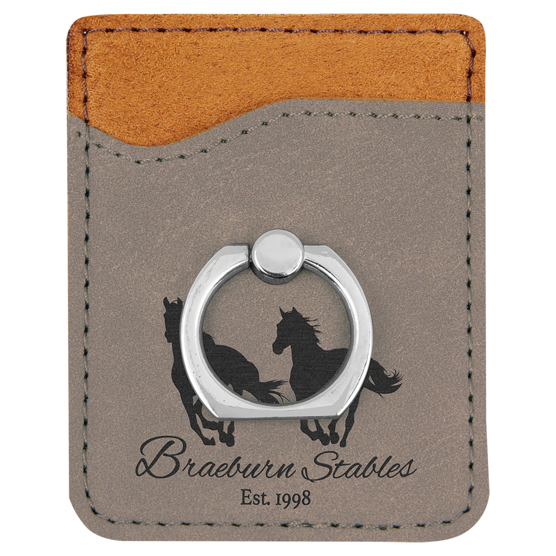 Gray Engravable Leatherette Phone Wallet with Silver Ring