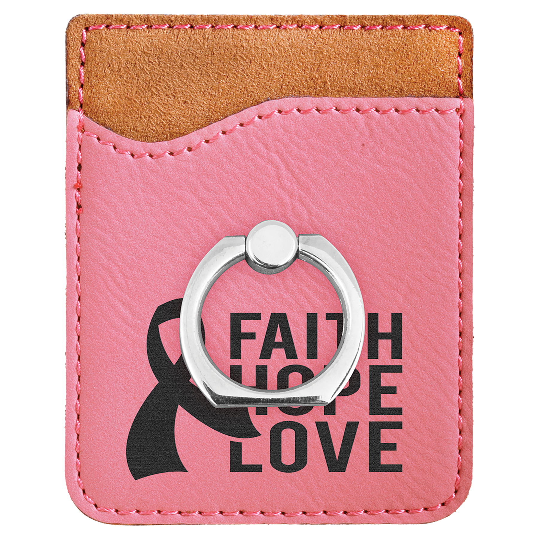 Pink Engravable Leatherette Phone Wallet with Silver Ring