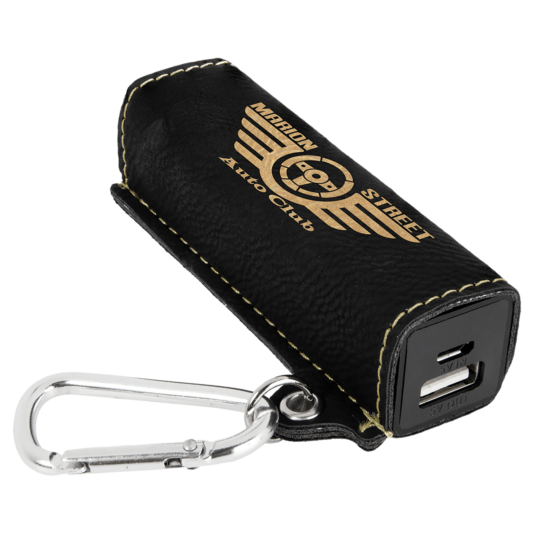 Black/Gold Engravable Leatherette 2200 mAh Power Bank with USB Cord