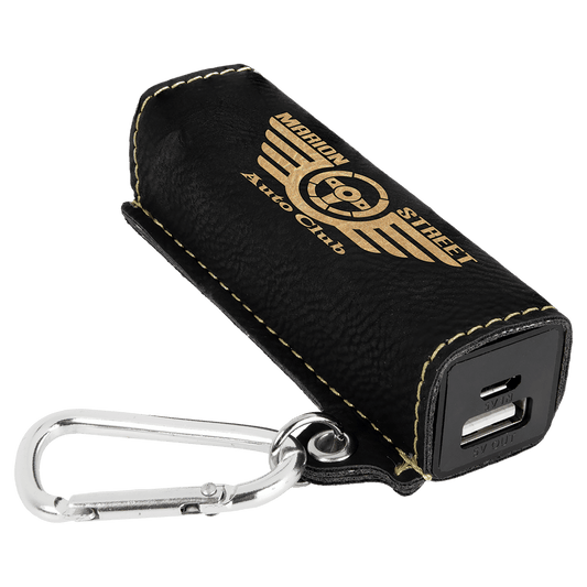 Black/Gold Engravable Leatherette 2200 mAh Power Bank with USB Cord